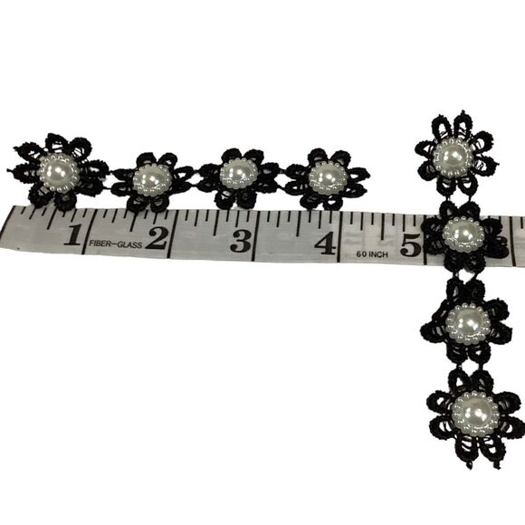 Vintage Handmade Plastic Pearl & Black Floral Crocheted Drop Earrings for Pierce - Picture 4 of 6